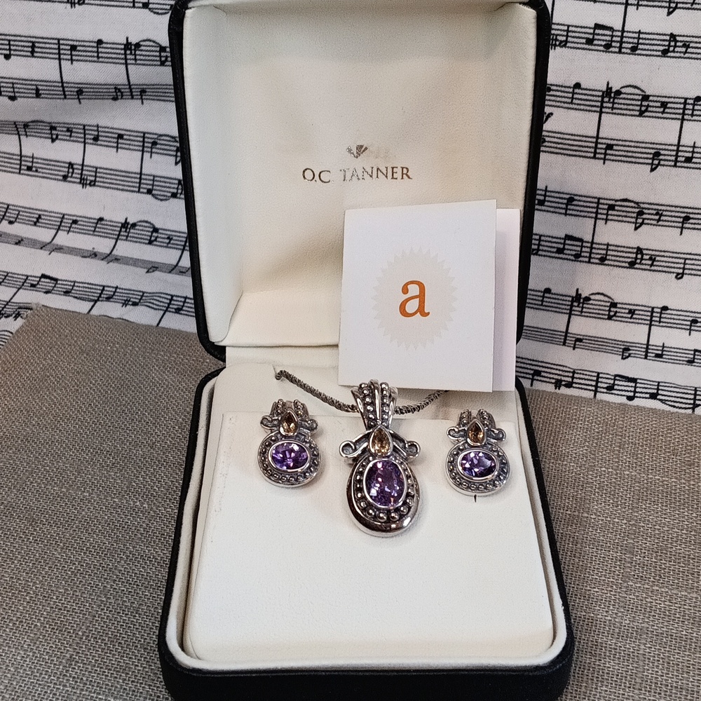 OC Tanner Sterling Silver Amethyst Pendant Necklace Pierced Earrings Set - Picture 14 of 15
